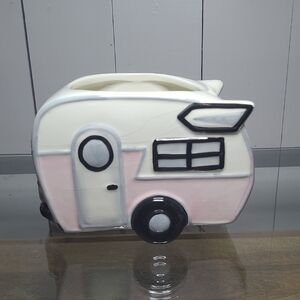 Pink and White Ceramic Camper Planter